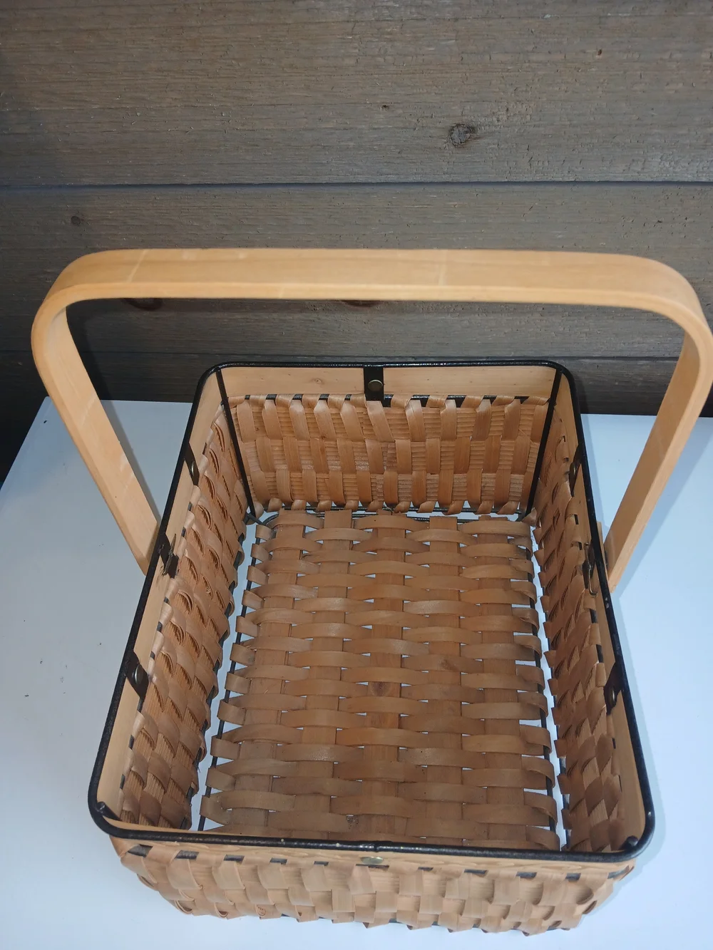 Rectangular Wicker & Metal Basket W Handle Great Shape Very Sturdy